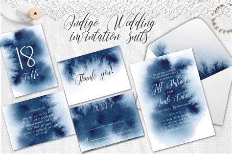 Www indigoapply com invitation number. Indigo Watercolor Wedding Invitation suite (61290) | Card Making | Design Bundles