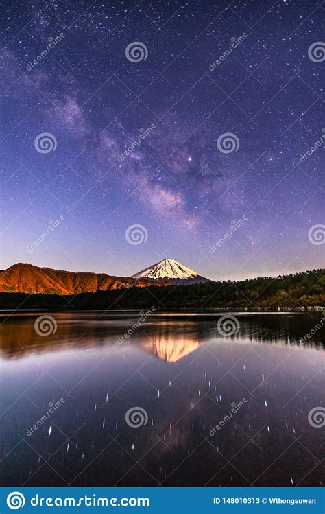 Milky Way Rising Over Fuji Mountain At Saiko Lake In Japan Stock Image