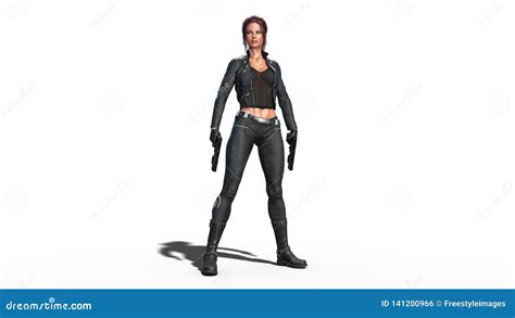 Action Girl Standing With Guns Redhead Woman In Leather Suit With Hand Weapons Isolated On