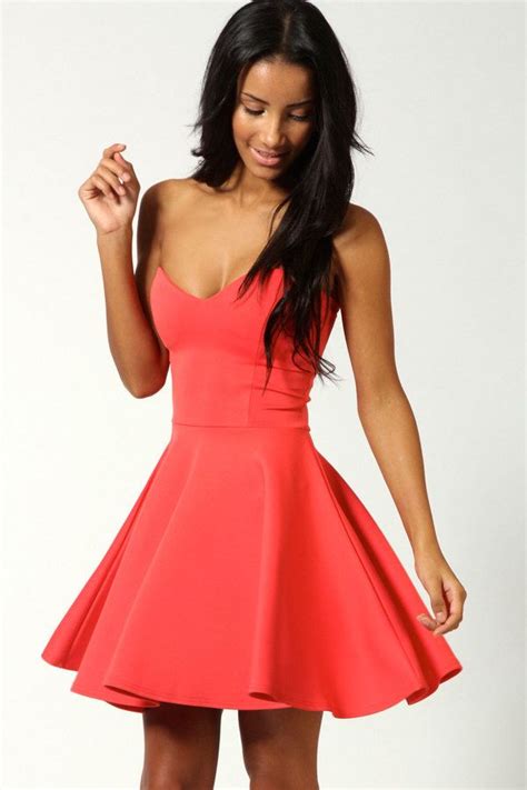 Polly Bandeau Skater Dress Coral Dress Red Dress Dress Skirt Twirly