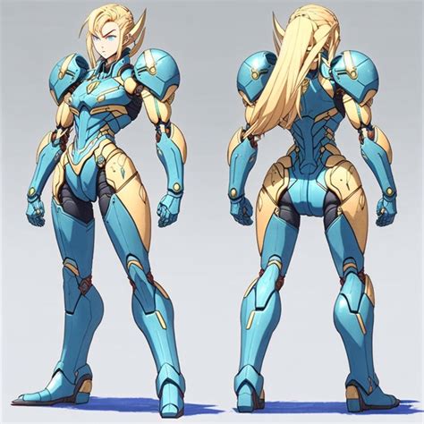 An Animated Female Character In Blue And Gold Armor Standing Next To Another Character With