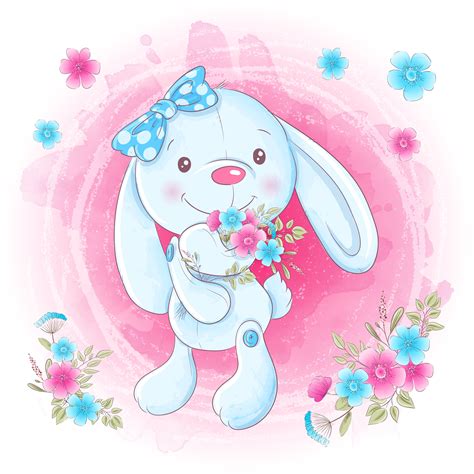 Cartoon Cute Bunny Girl With Flowers Vector Illustration