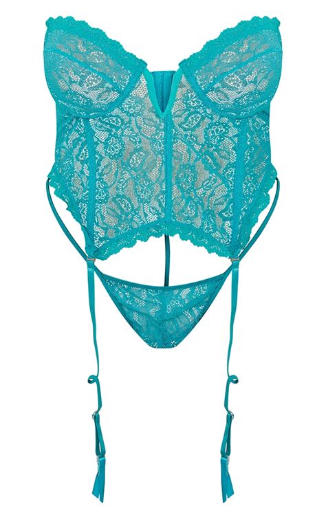 plus turquoise frill underwired corset lingerie set prettylittlething ksa