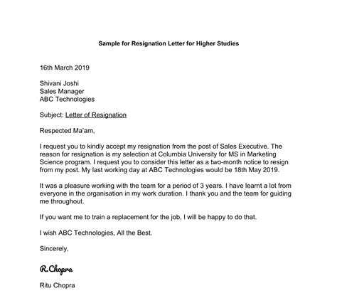 Resignation Letter For Higher Studies Format And Samples Leverage Edu