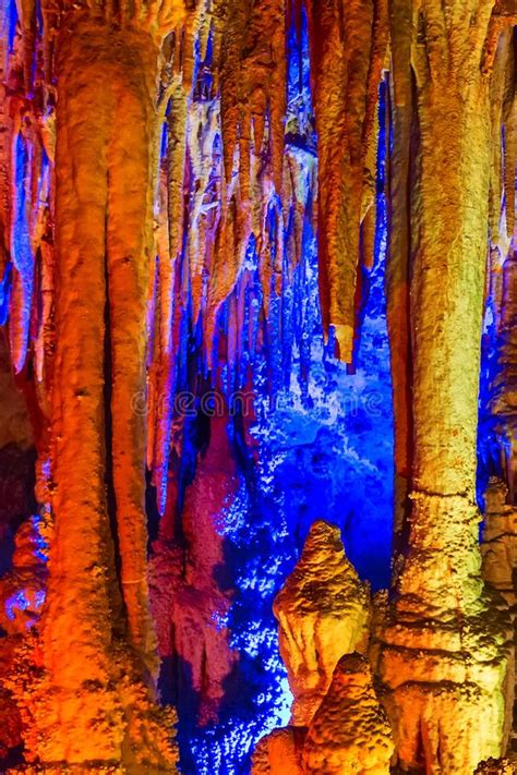 Cave Illuminated Stalactites And Stalagmites Stock Image Image Of