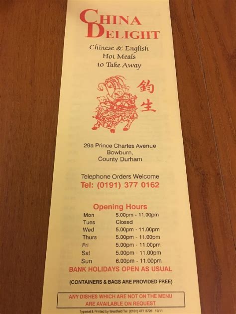 Menu At Bowburn China Delight Chinese Takeaway Restaurant Durham