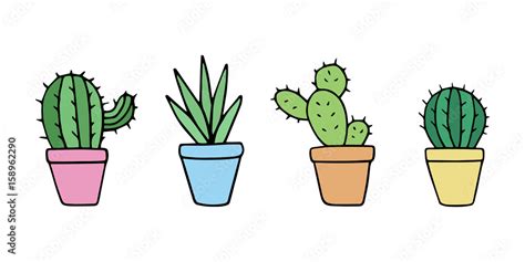 Cute Cacti Set Cactus In Little Plant Pots Vector Illustration Doodle