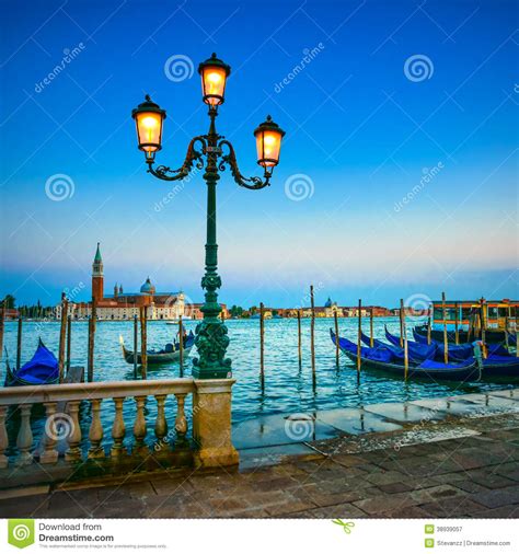 Venice Street Lamp And Gondolas On Sunset Italy Stock Image Image