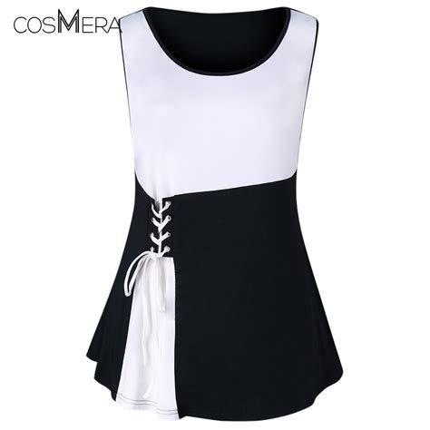 Cosmera Lace Up Tank Top Two Tone Scoop Neck Sleeveless Women Summer Tops Female Clothing 2018