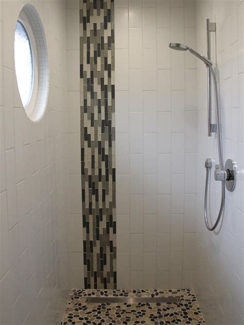 Contemporary Shower With Gray And White Glass Tile Stripe Glass Tile