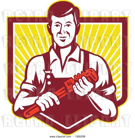 Vector Clip Art Of Retro Plumber Worker Guy Holding A Monkey Wrench