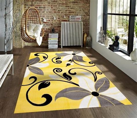 Yellow Black Gray White Floral Transitional Area Rugs Yellow Area