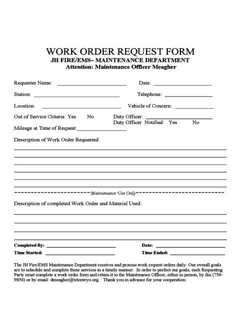 Printable Work Order Request Template Printable Templates