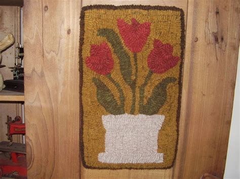 Primitive Wool Hooked Rug Spring Tulips Original From Sherrys Heart