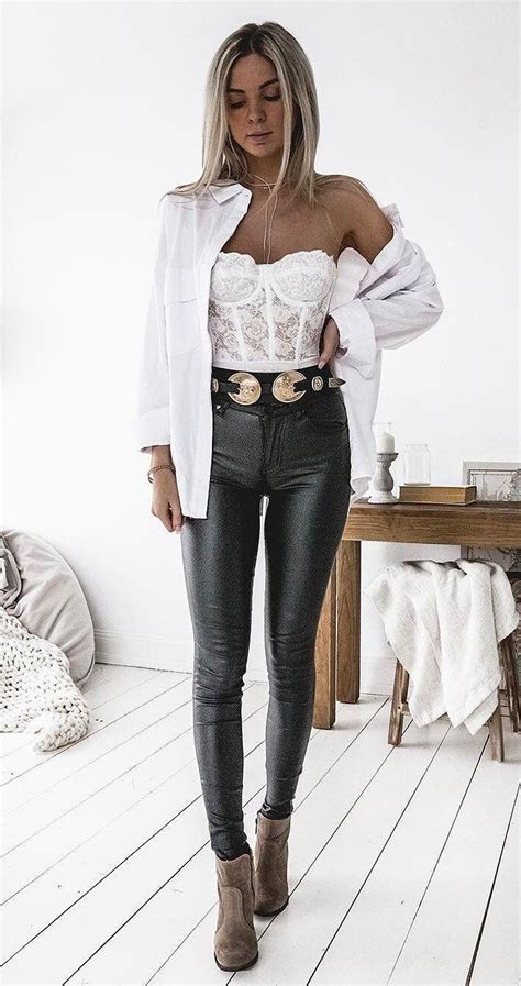 Great Outfit Idea Lace Top White Shirt Leather Pants Heels Fashion