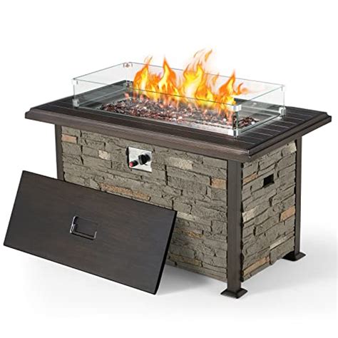 Vicluke 44 Inch Aluminum Propane Fire Pit Table With Faux Ledgestone