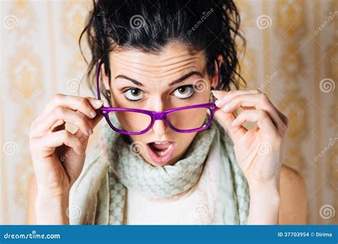 Surprised Woman Looking Over Glasses Stock Photo Image Of Girl