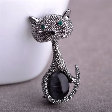 Blucome Opal Cat Brooches Cute Vintage Animal Broche Women Collar Dress