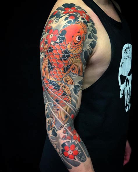 really-cool-koi-and-nice-waves-half-sleeve-tattoo,-koi-dragon-tattoo,-koi-tattoo-design