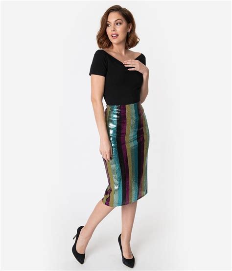 Multicolor Sequin Stripe High Waisted Pencil Skirt Unique Vintage