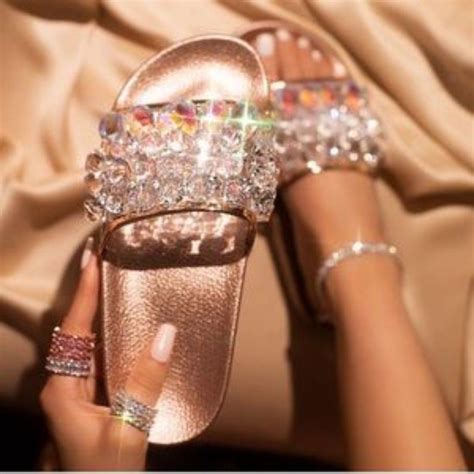 Cape Robbin Moira Rose Gold Crystal Slides In Crystal Sandals