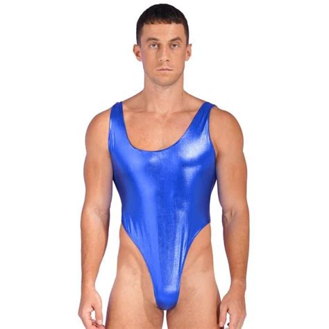 iixpin homme bodysuit métallique sexy brillant lingerie wetlook costume hot clubwear l xxl bleu