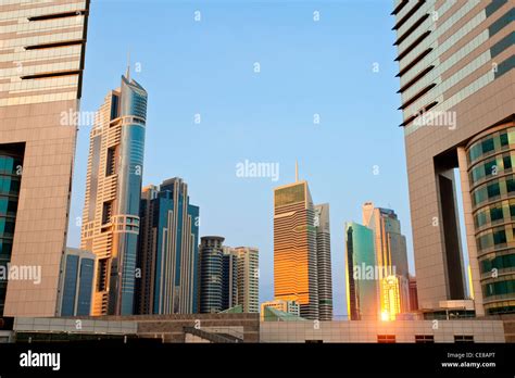 Dubai Skyscrapers At Sunset Stock Photo Alamy