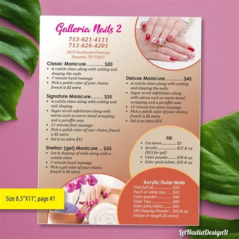 4 Page Nail Salon Menu Nail Salon Price List Pedicure Manicure Waxing