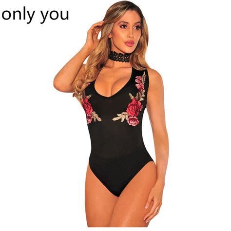 Only You Bodysuits Women Sexy Black Low Neck Embroidered Rose Choker