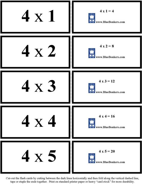 Arrange and stack the multiplication flash cards and work through the stack with your child at whatever speed suits. BlueBonkers - Free Printable Multiplication Flash Cards - FOURS 1-5 p1