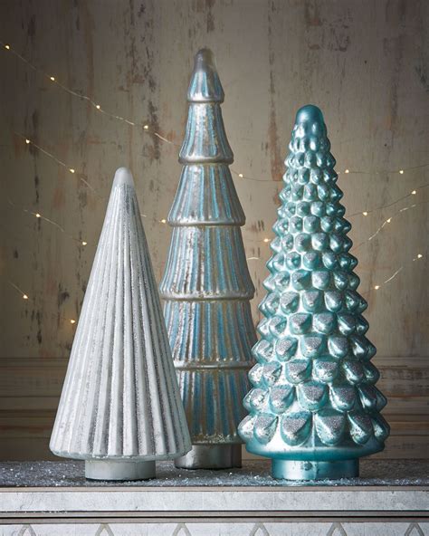 White Silver And Blue Mercury Glass Tabletop Trees Ceramic Christmas Decorations Mercury