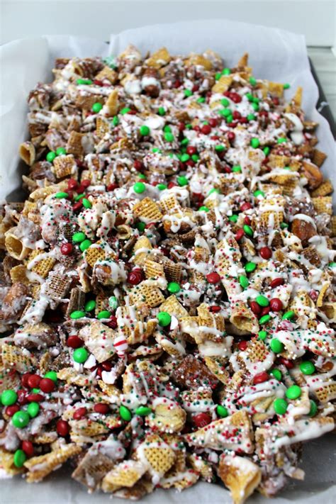 Place the cereal mixture in a large plastic bag with sprinkles, crushed animal. Christmas Chex Mix - pretzels, bugles, M&Ms, peppermint ...