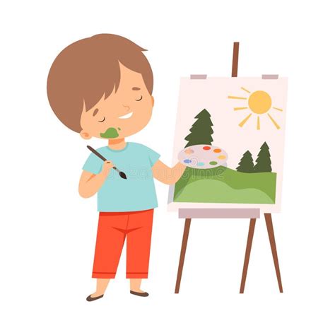 Cute Boy Painting Picture On Easel Kids Hobby Or Creative Activity
