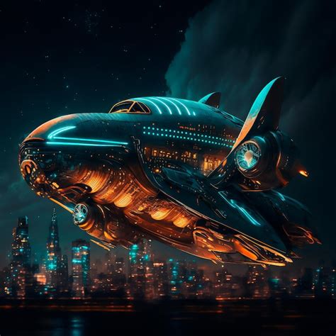 Premium Photo Illuminated Flying Futuristic Aircraft Science Fiction