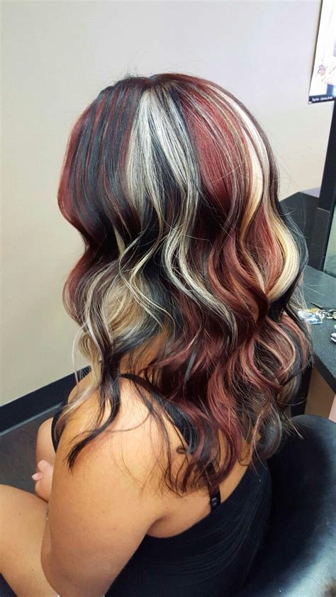 Black Red And Blonde Hair Pinwheel Technique Hair Highlights Hair