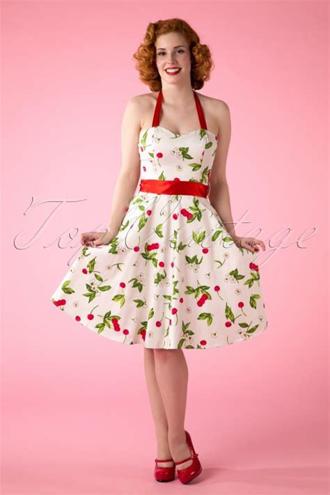50s Cream Cherry Blossom Swing Halter Dress
