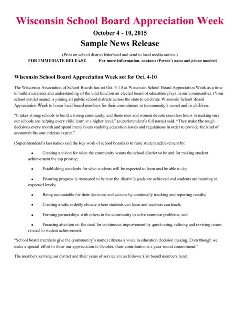 Sample News Release Wisconsin Association Of School Boards