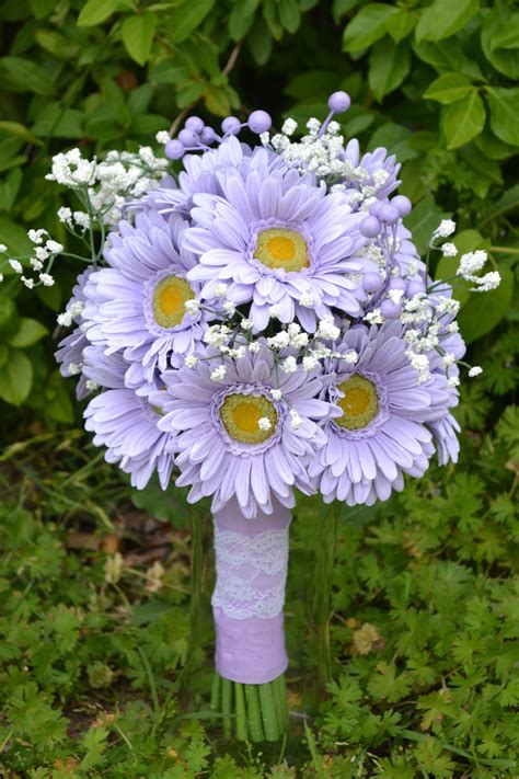 Hand Tied Lavender Gerber Daisies With Babies Breath Bridal Bouquet