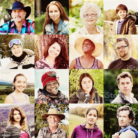 Multicultural People Faces Collage Shot Outdoors All Seasons Stock ...