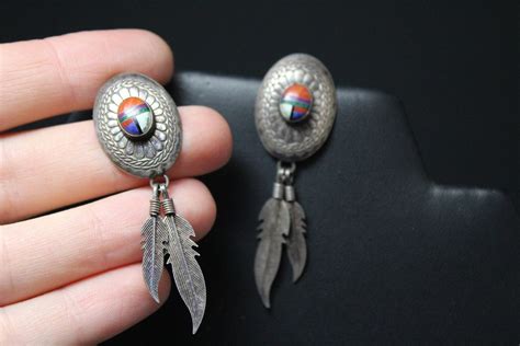 Sterling Silver Native American Inlay Dangle Feather Earrings Navajo