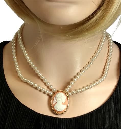 Double Strand Faux Pearl Cameo 925 Gold Vermeil Collar Necklace 18