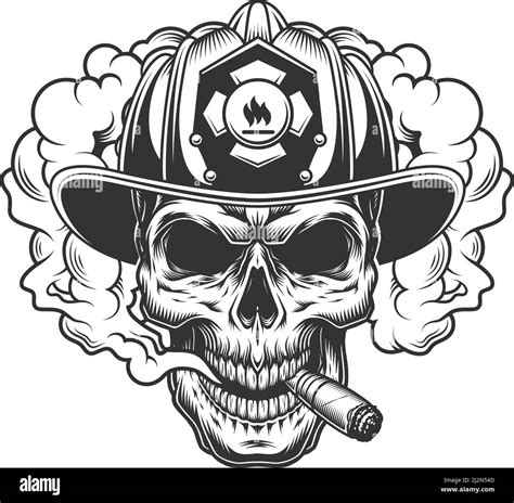 Skull In Smoke Cloud And Firefighter Helmet Vector Illustration Stock