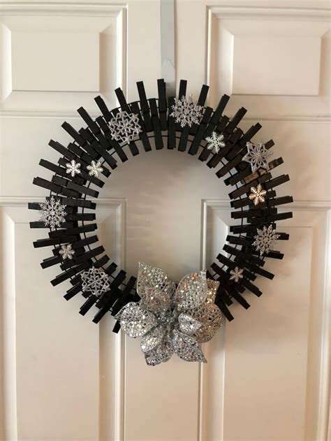 Silver Snowflakes On Black Clothes Pin Wreath Christmas Clothespins