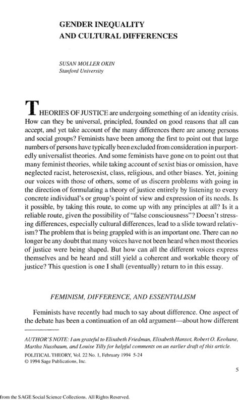 Gender Inequality And Cultural Differences Susan Moller Okin 1994