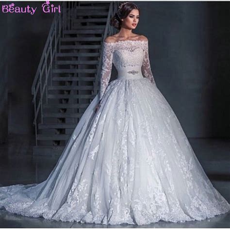 A Line Boat Neck Long Sleeve Silk Sashes Beaded Lace Wedding Dresses