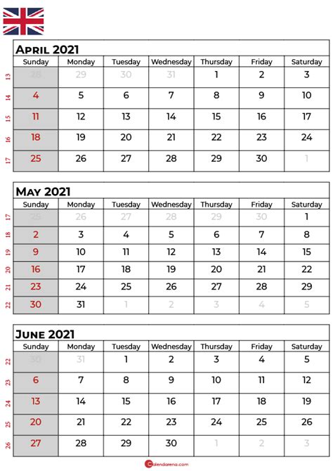April May June 2021 Calendarportrait Uk Calendar Usa Calendar Notes