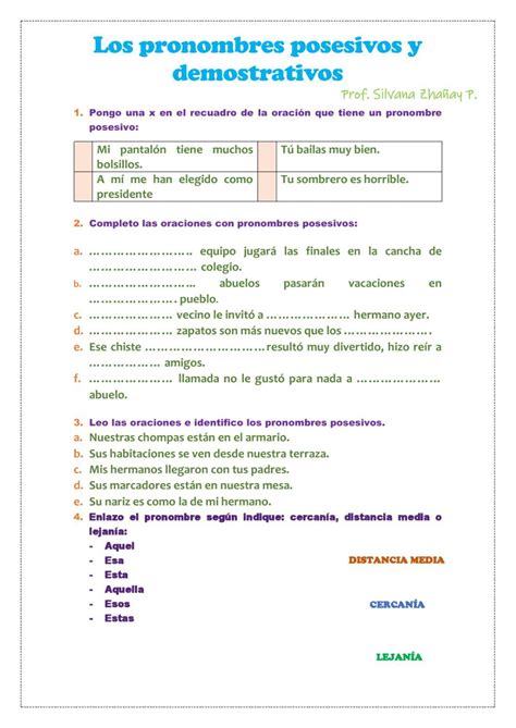 Ejercicio De Pronombres Posesivos Y Demostrativos Workbook Teachers