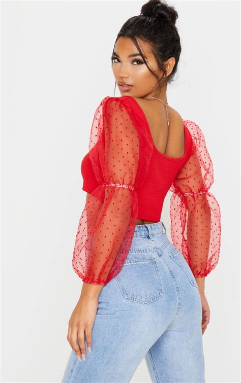 Red Rib Puff Sleeve Organza Crop Top Tops Prettylittlething Ie
