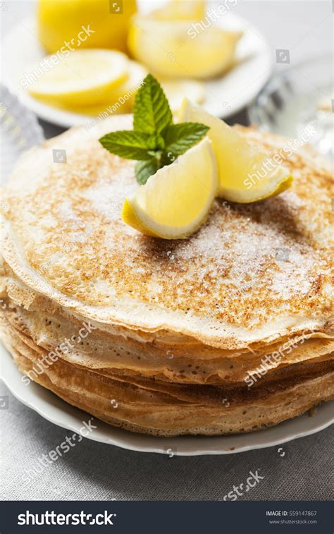 Englishstyle Pancakes Lemon Sugar Traditional Shrove Stock Photo