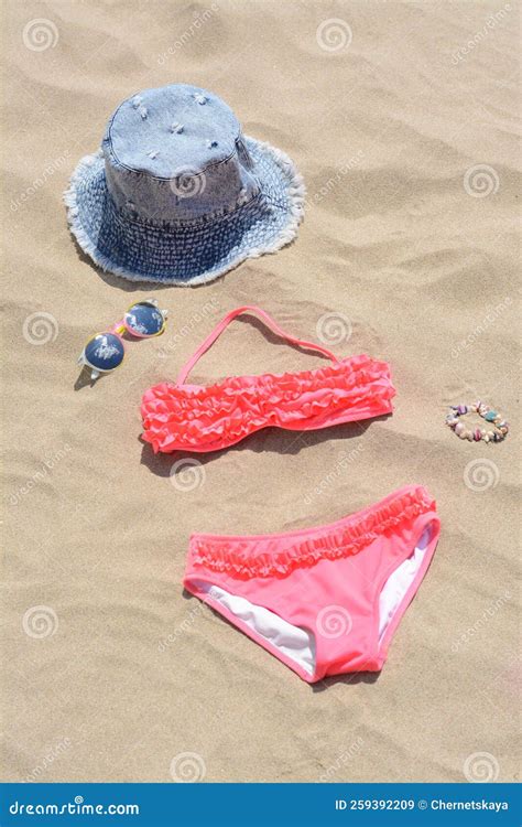 Jeans Hat Sunglasses And Bikini On Sand Beach Accessories Stock Image Image Of Relax Female